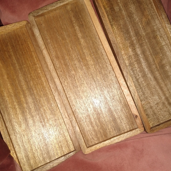 Set 3 Trays Rectangle Carved Mango Wood Food Safe Breakfast Tray Cafecore Boho - Picture 13 of 15